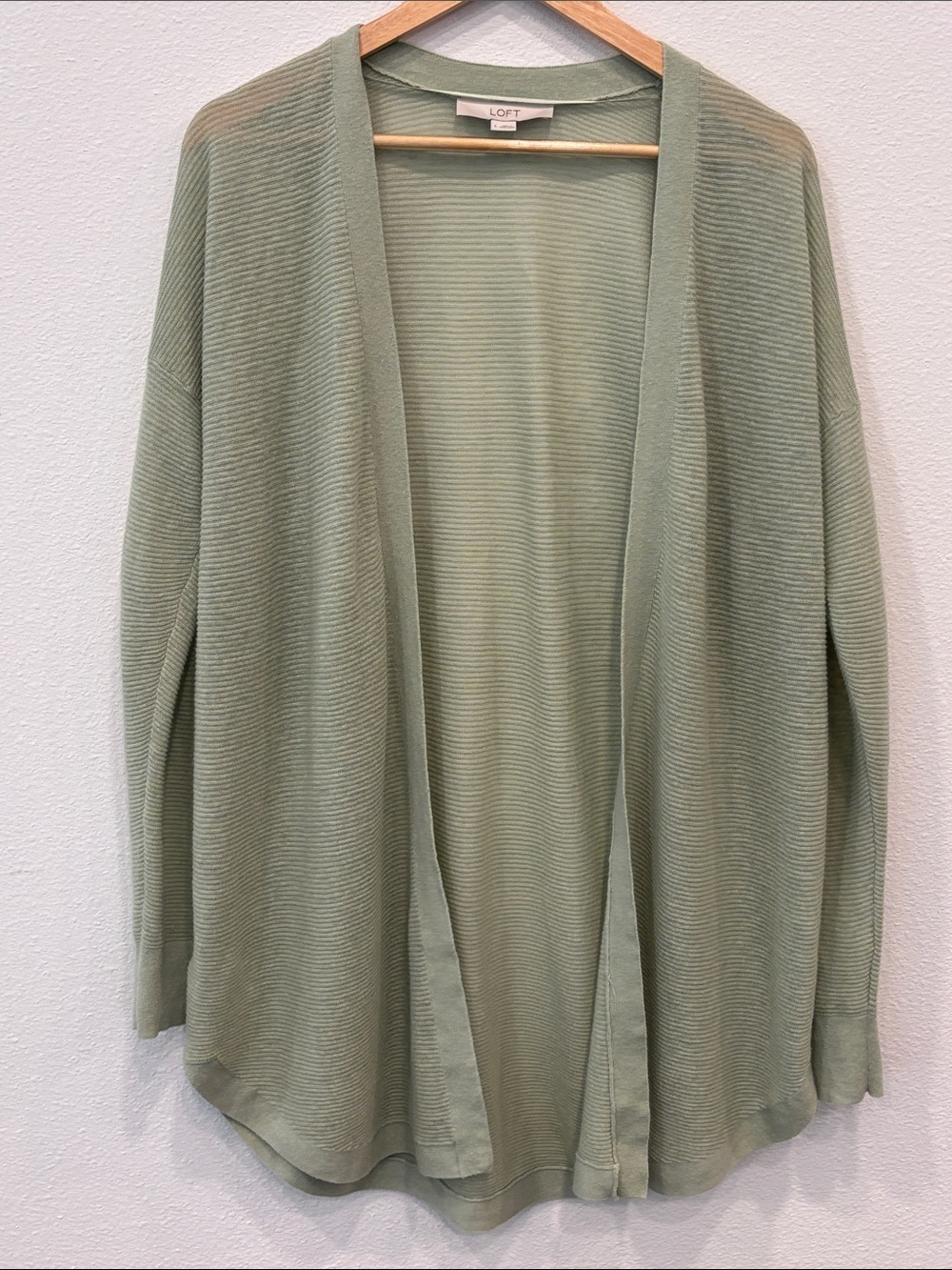 LOFT Women’s Linen Blend Lightweight Sage Green Open-Front Cardigan Size L